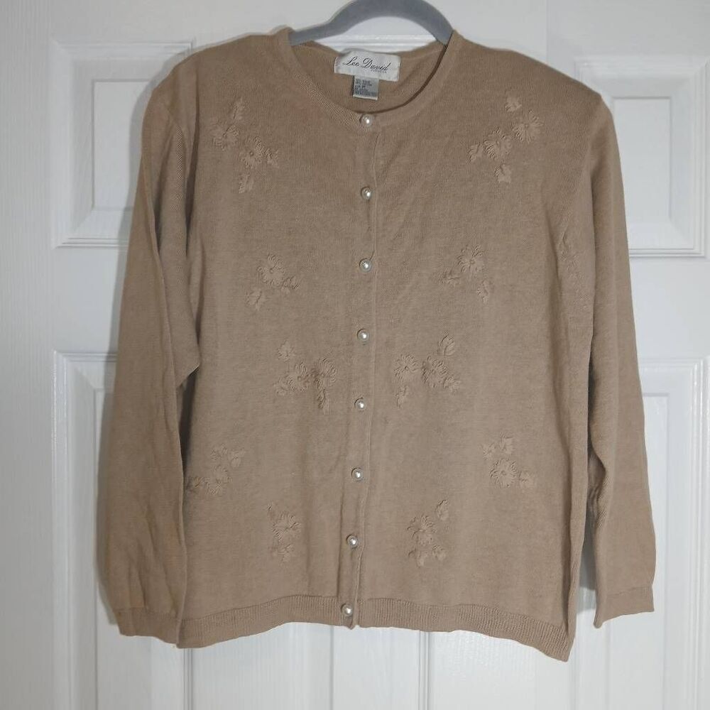 Vintage lee David pearl button women medium cotton cardigan sweater spring tan